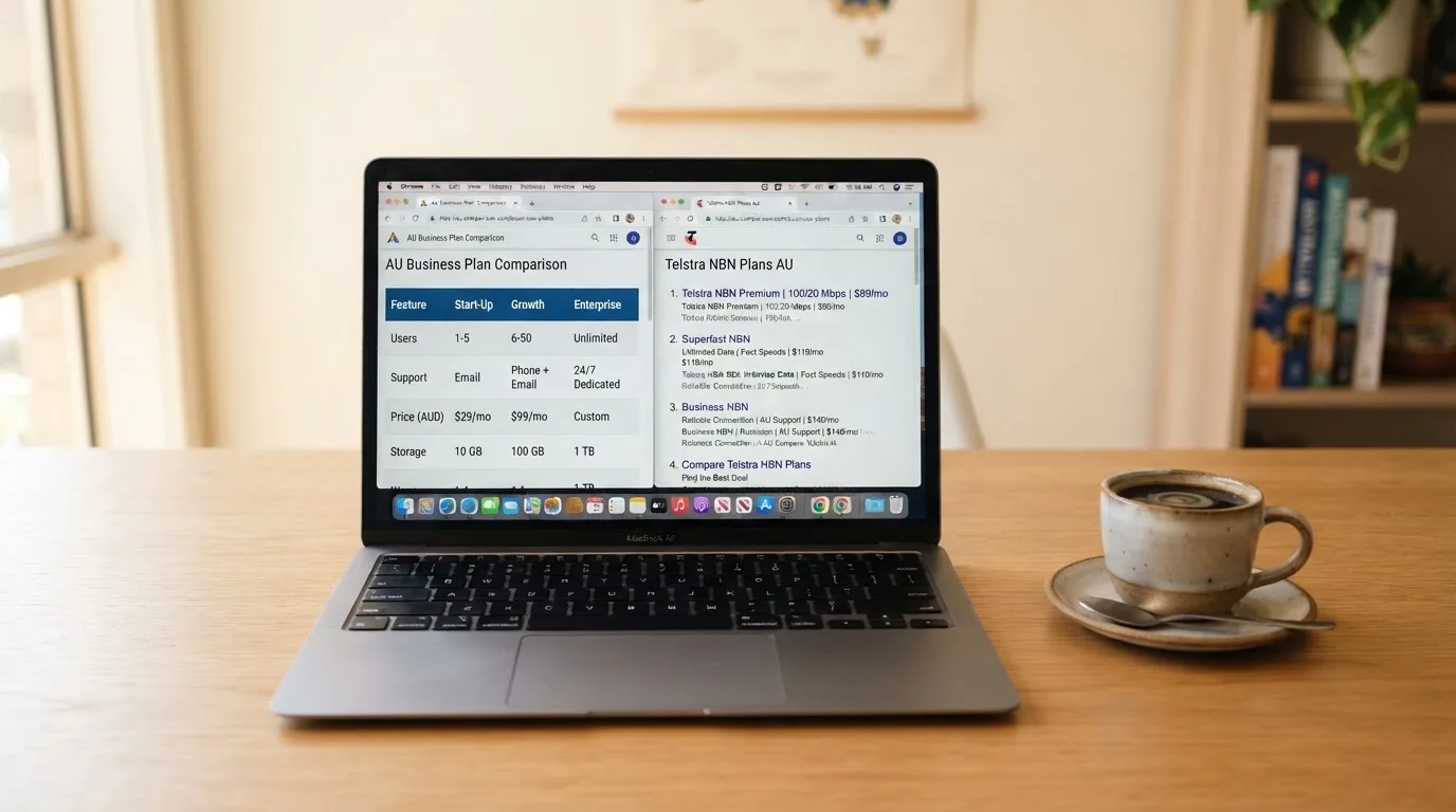 A laptop screen split between two browser tabs, one showing a comparison table and the other a search results page.