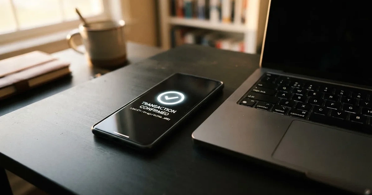 A phone displaying a blockchain transaction confirmation screen next to a laptop keyboard.