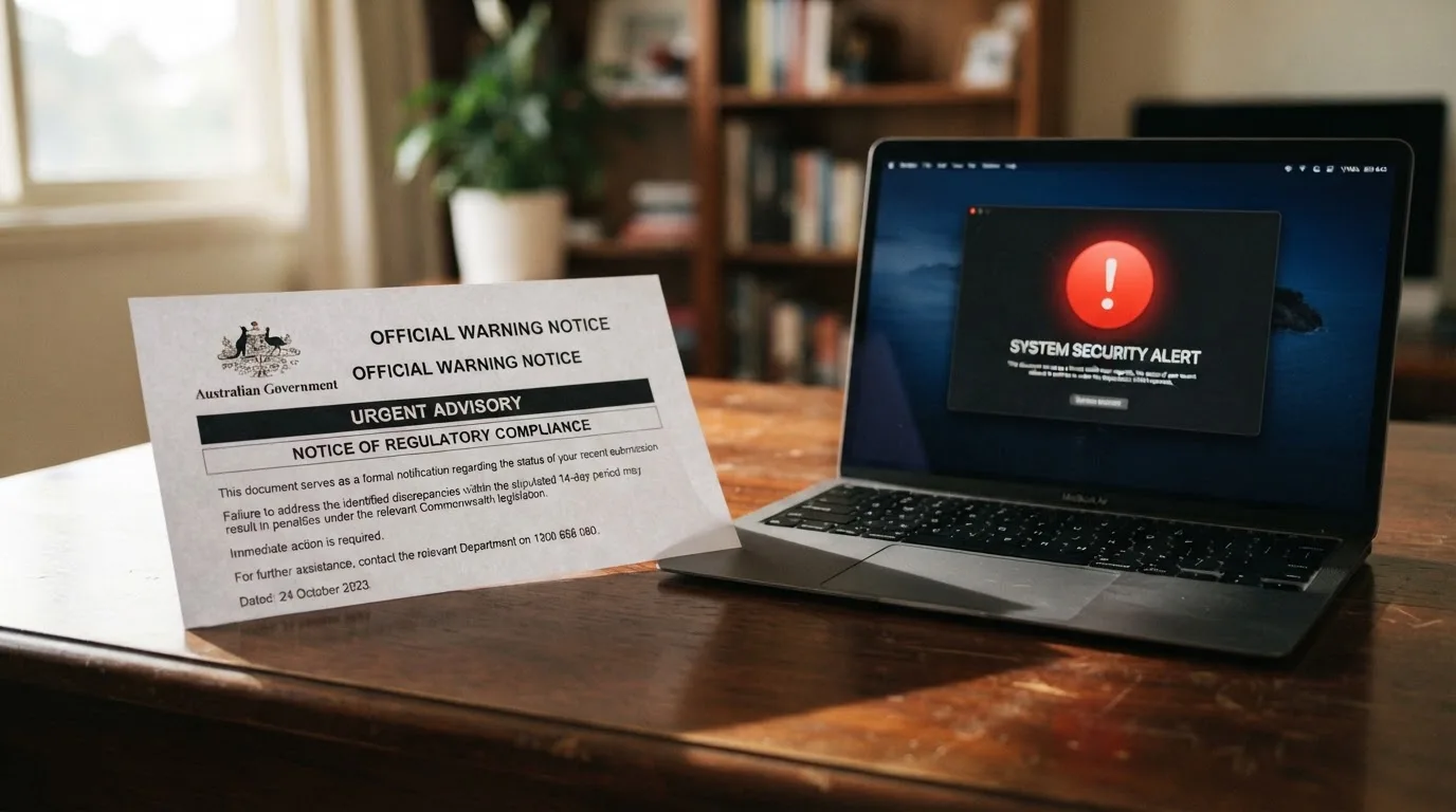 A printed government warning notice on a desk beside a laptop with a red alert icon on the screen.
