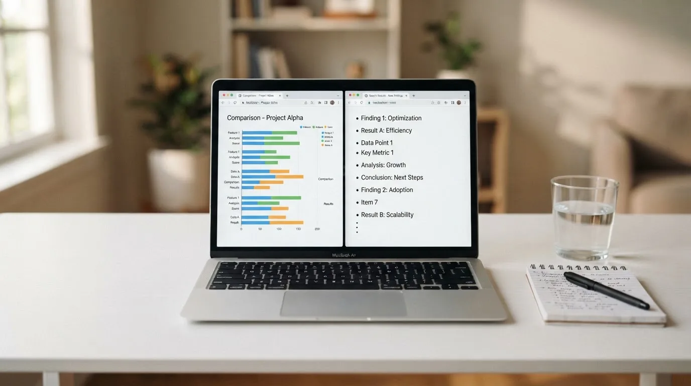 A laptop screen split between two browser tabs, one showing a comparison table and the other a search results page.
