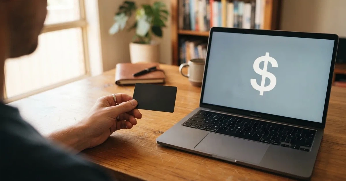 A hand holding a bank card next to a laptop showing an online payment form.