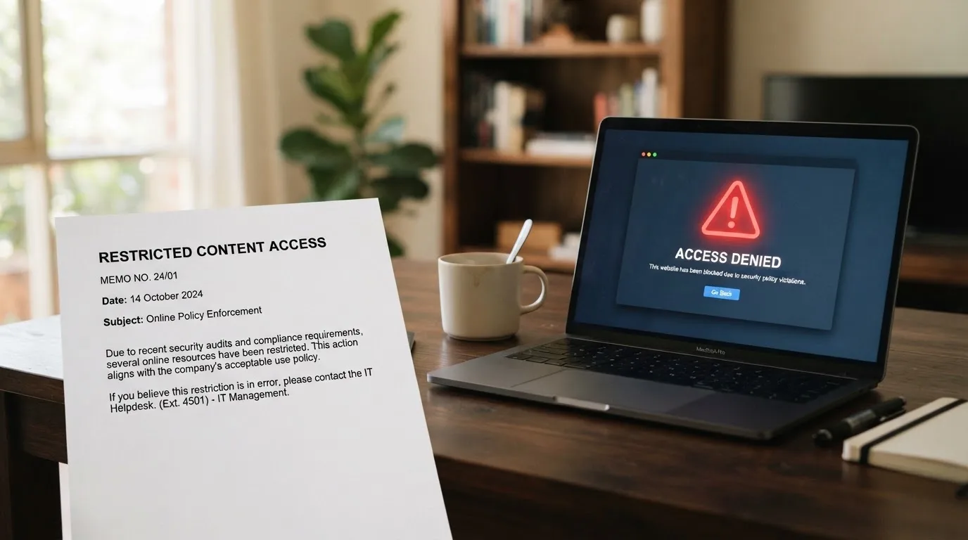 A printed government warning notice on a desk beside a laptop with a red alert icon on the screen.