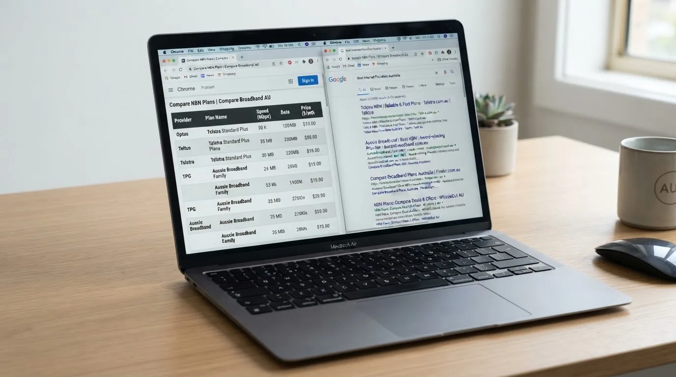 A laptop screen split between two browser tabs, one showing a comparison table and the other a search results page.