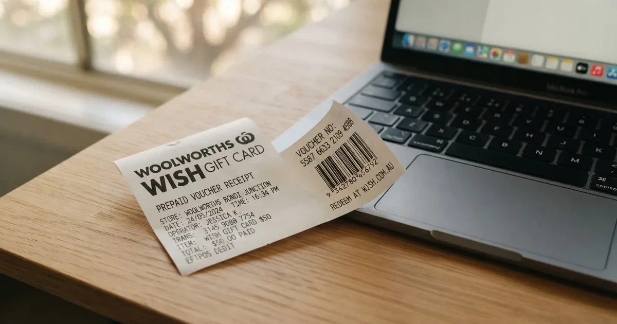 A printed prepaid voucher receipt lying beside a laptop keyboard.
