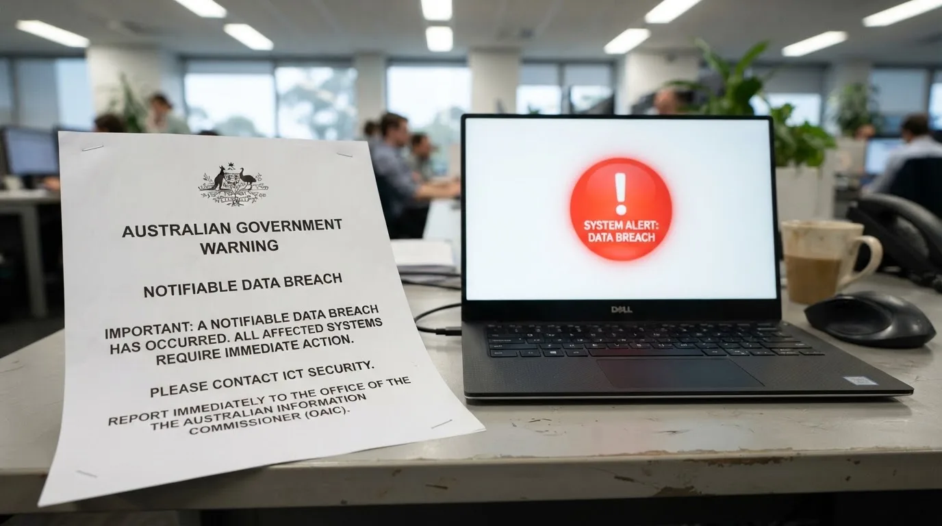 A printed government warning notice on a desk beside a laptop with a red alert icon on the screen.