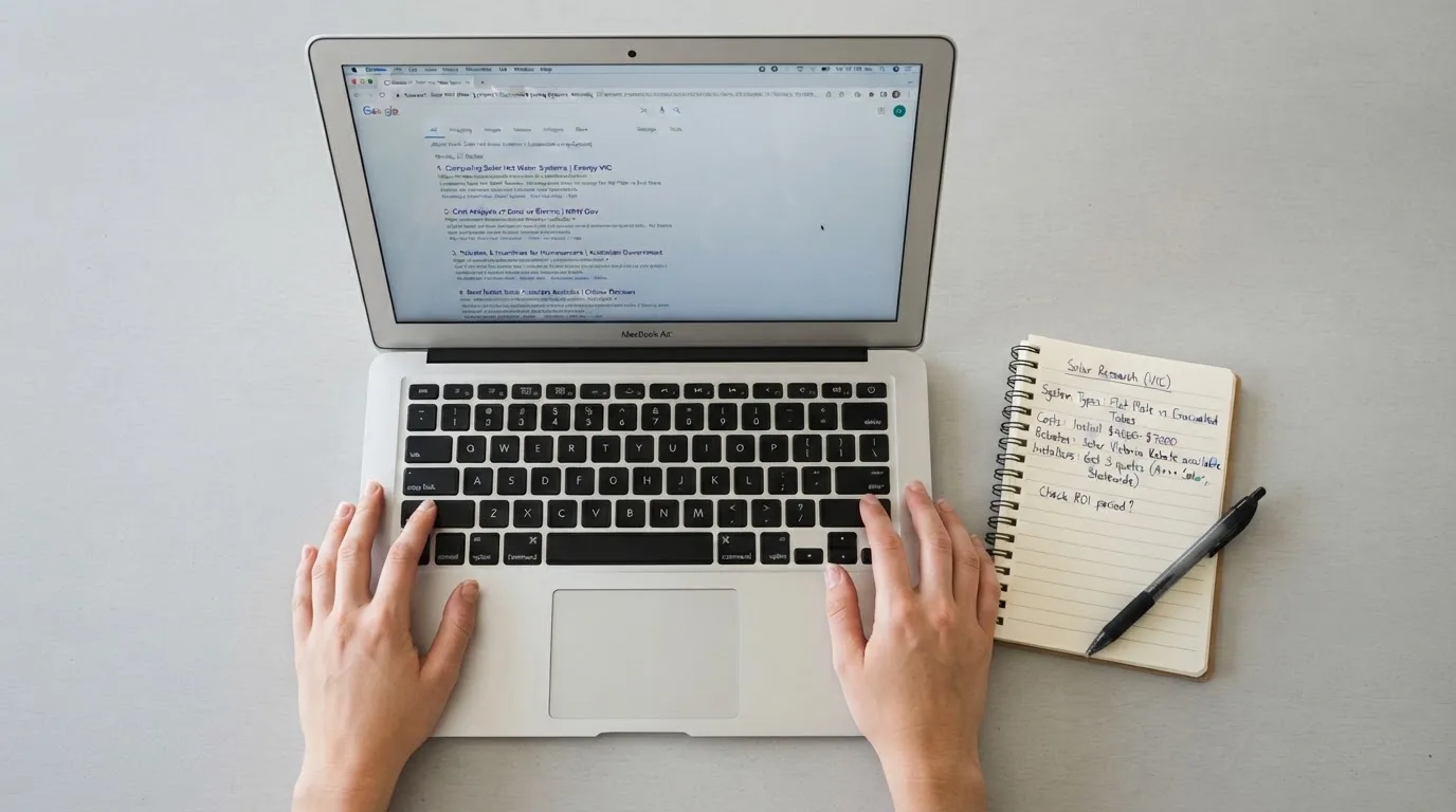 A laptop screen split between two browser tabs, one showing a comparison table and the other a search results page.