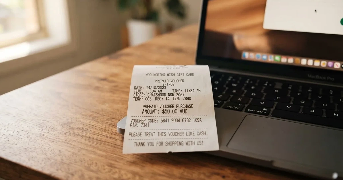 A printed prepaid voucher receipt lying beside a laptop keyboard.