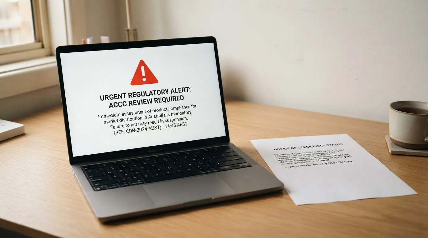 A printed government warning notice on a desk beside a laptop with a red alert icon on the screen.