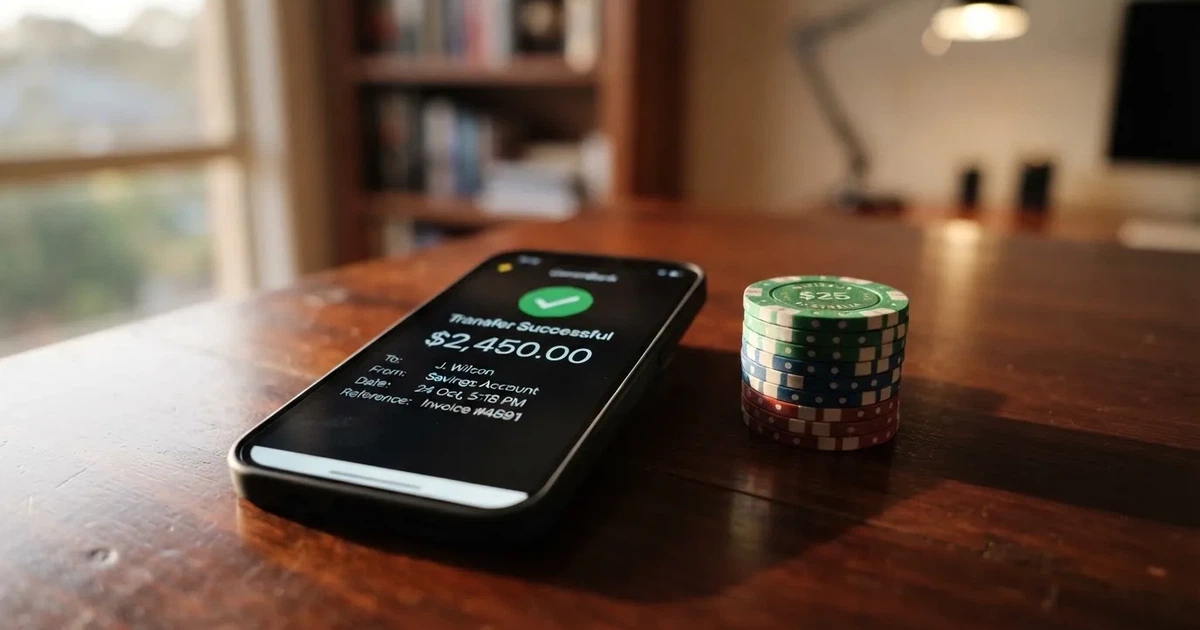 A phone displaying a bank transfer confirmation screen next to a stack of Australian dollar notes.
