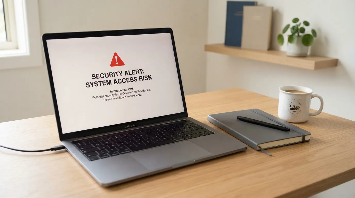 A printed government warning notice on a desk beside a laptop with a red alert icon on the screen.