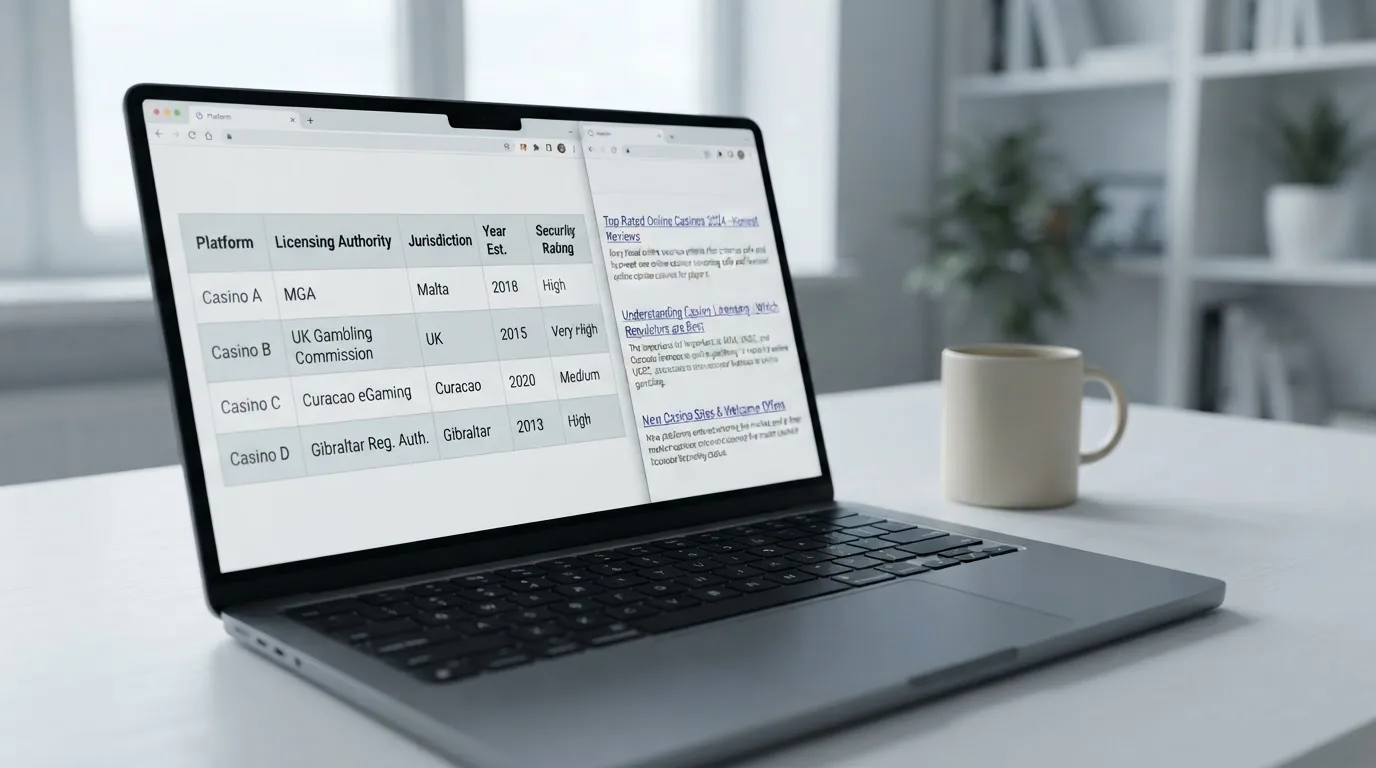 A laptop screen split between two browser tabs, one showing a comparison table and the other a search results page.