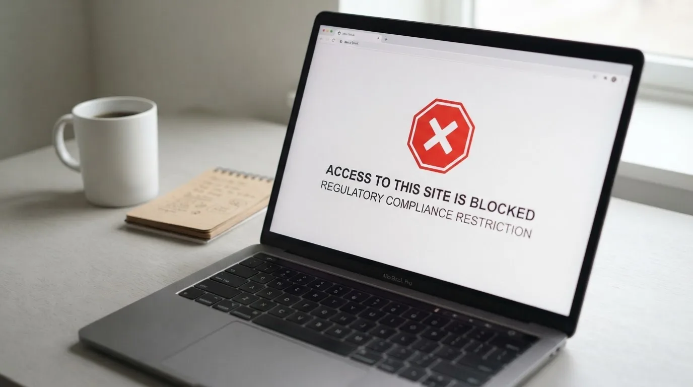 A printed government warning notice on a desk beside a laptop with a red alert icon on the screen.