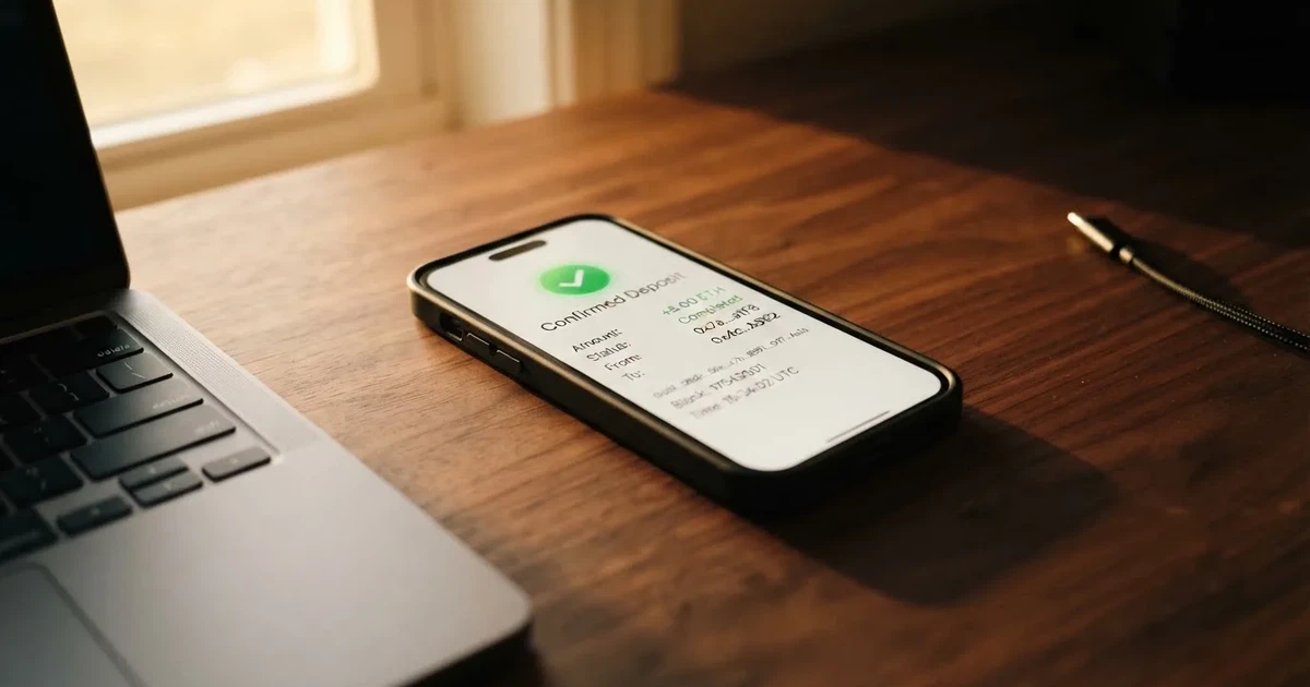 A phone displaying a blockchain transaction confirmation screen next to a laptop keyboard.