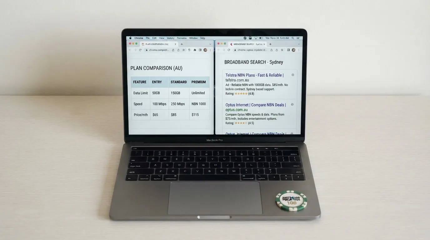 A laptop screen split between two browser tabs, one showing a comparison table and the other a search results page.
