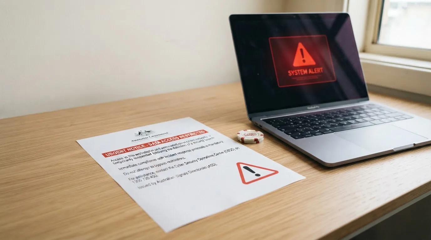A printed government warning notice on a desk beside a laptop with a red alert icon on the screen.