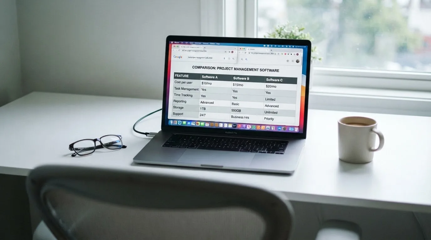 A laptop screen split between two browser tabs, one showing a comparison table and the other a search results page.