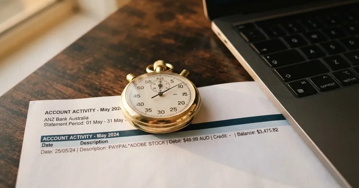 A stopwatch sitting on top of a bank statement next to a laptop keyboard.