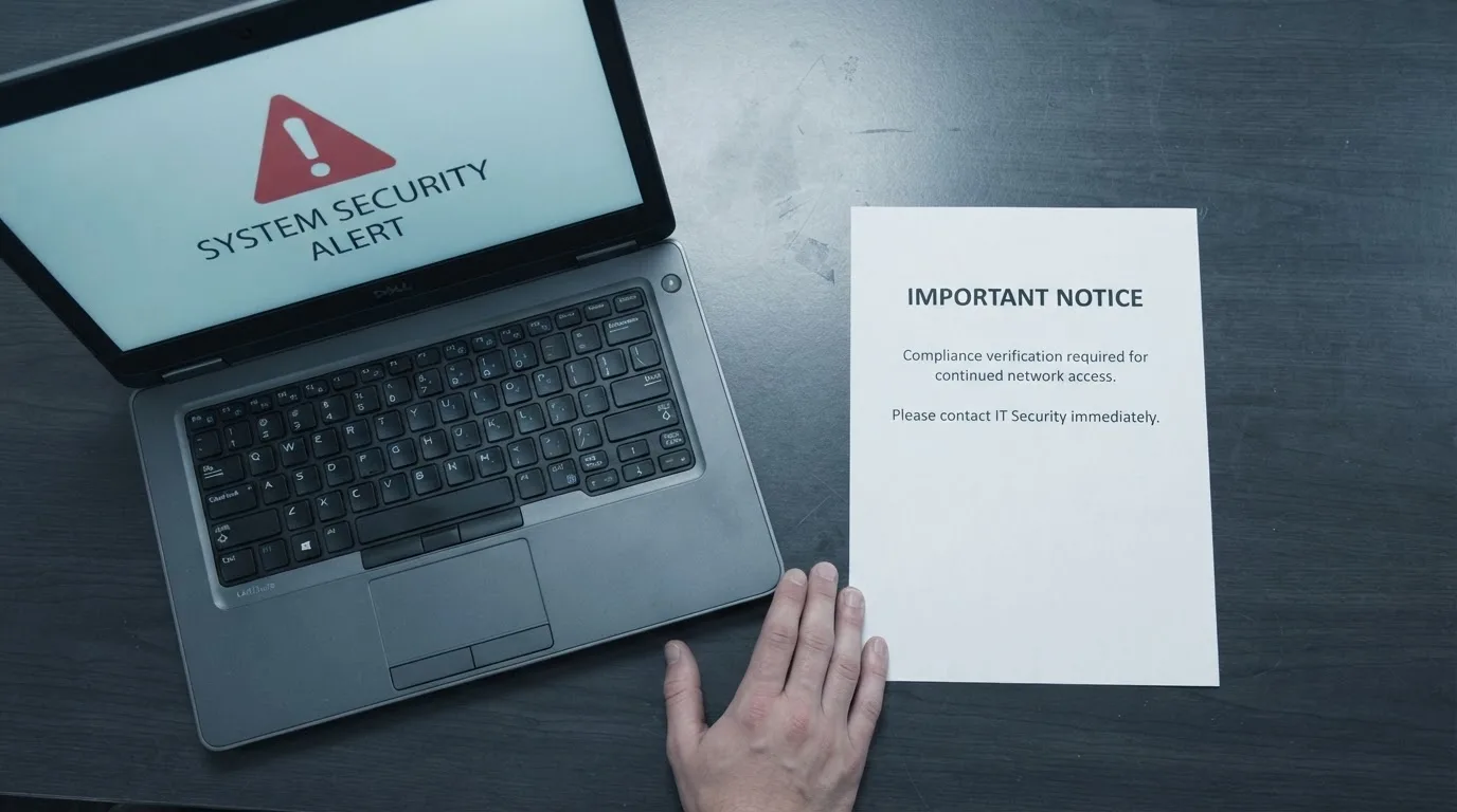 A printed government warning notice on a desk beside a laptop with a red alert icon on the screen.