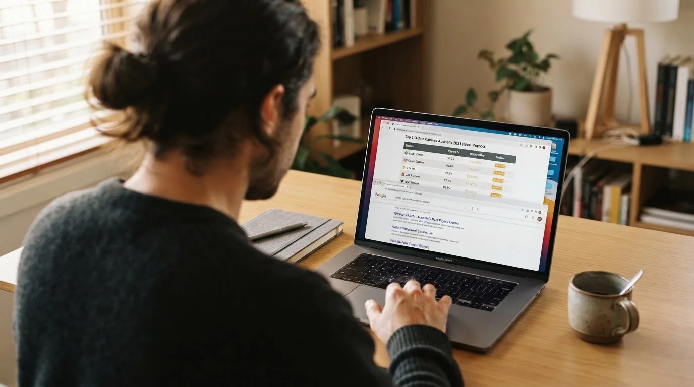 A laptop screen split between two browser tabs, one showing a comparison table and the other a search results page.