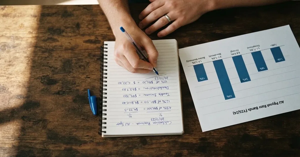 A calculator sitting next to a printed percentage chart on a desk.