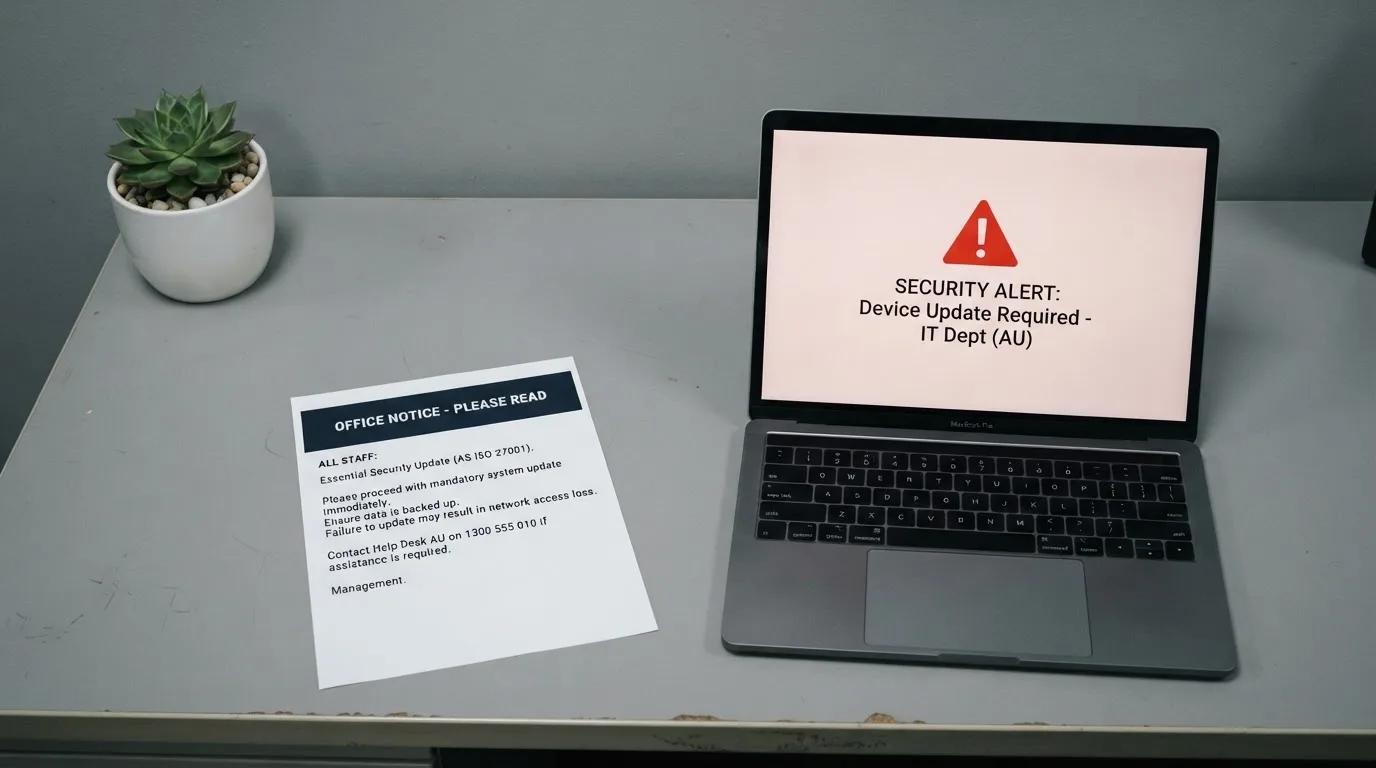 A printed government warning notice on a desk beside a laptop with a red alert icon on the screen.