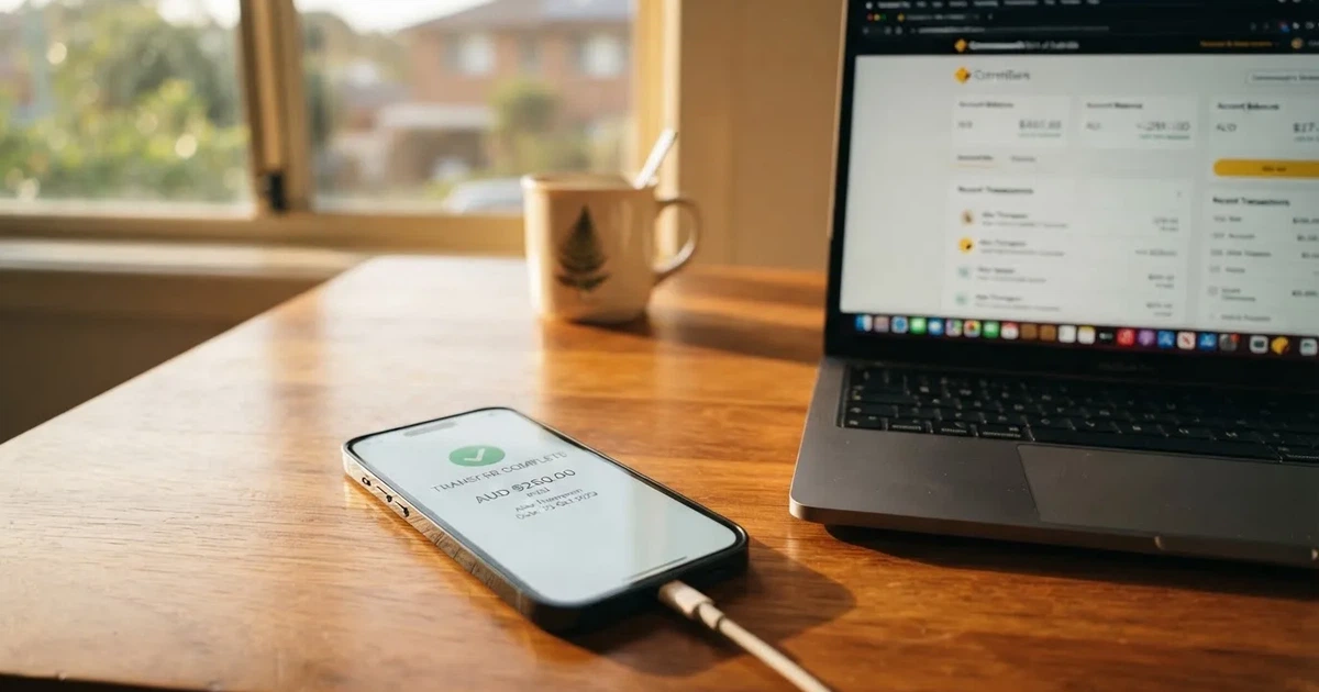 A phone showing a PayID-style bank transfer confirmation next to a laptop.