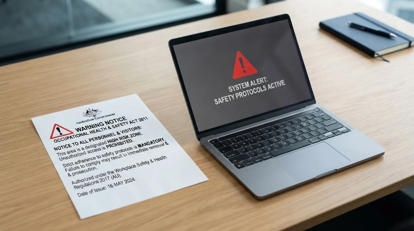 A printed government warning notice on a desk beside a laptop with a red alert icon on the screen.