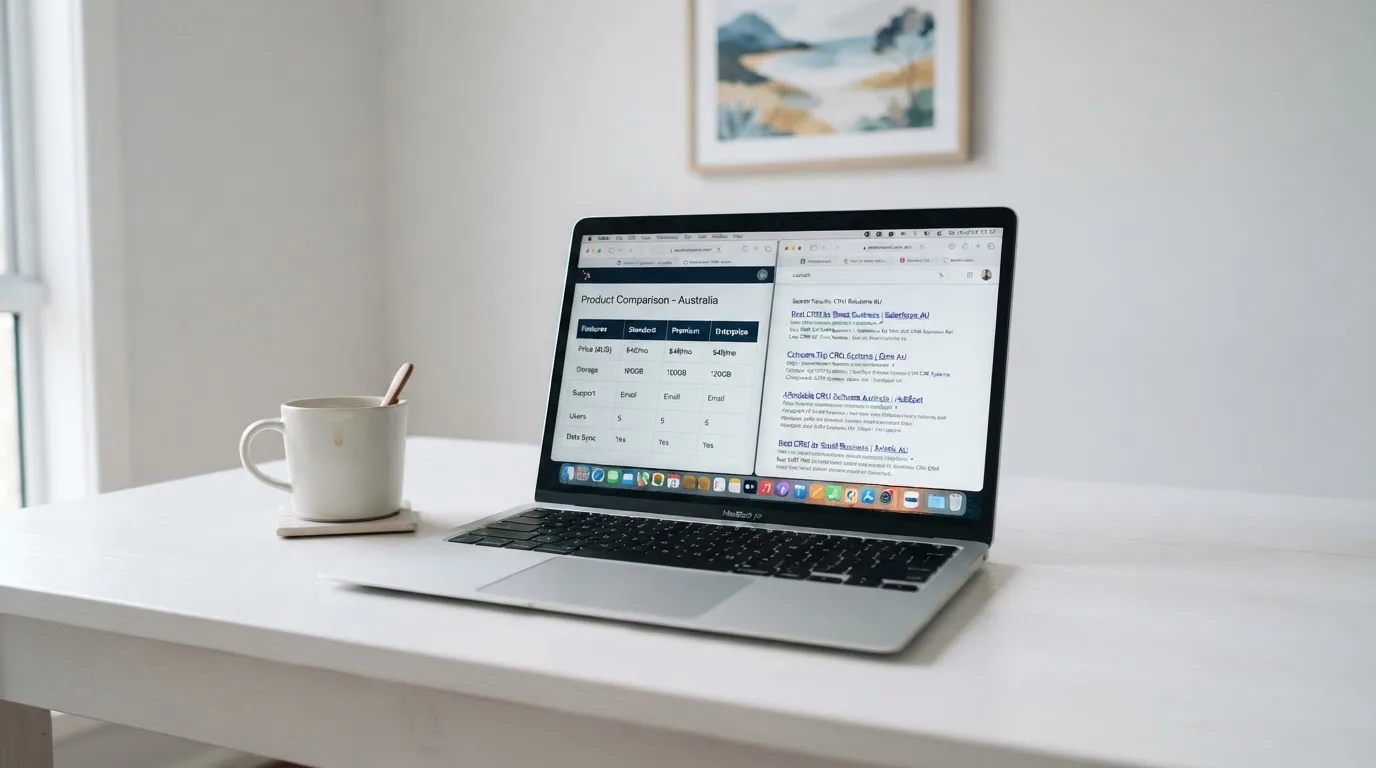 A laptop screen split between two browser tabs, one showing a comparison table and the other a search results page.