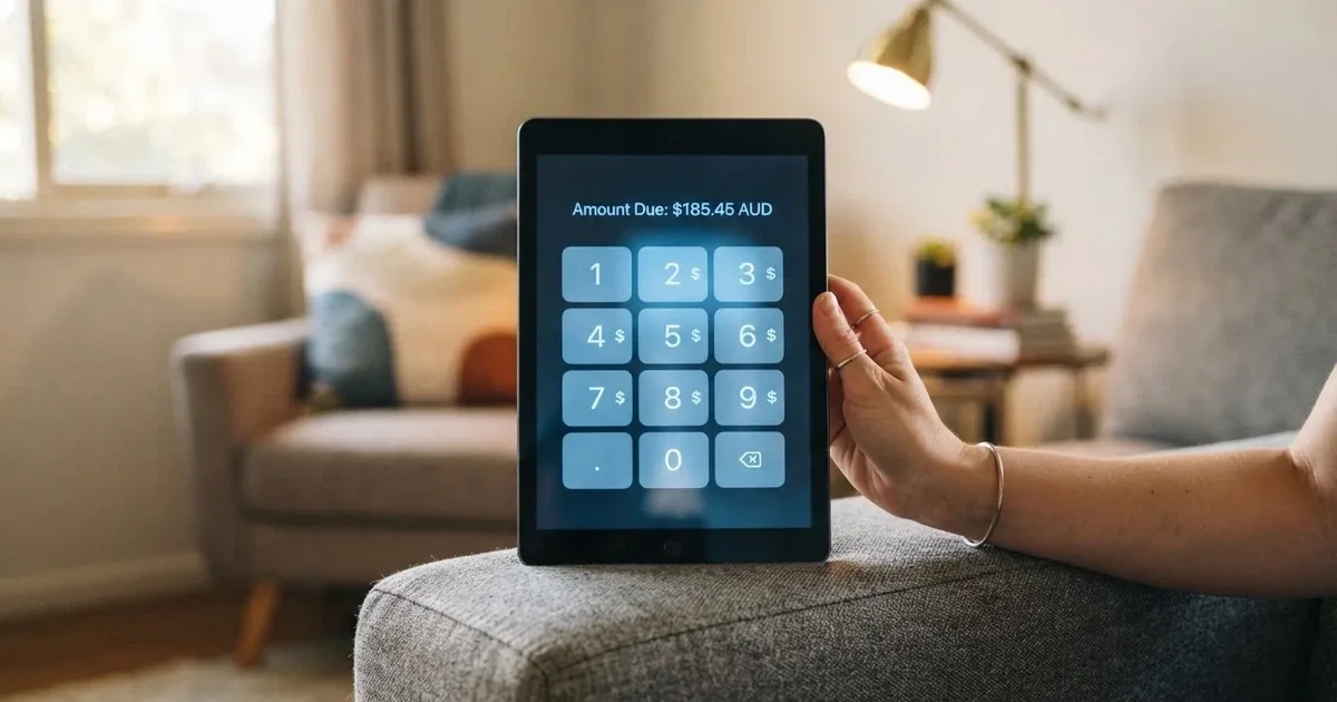 A hand holding a tablet with a touchscreen keypad displayed, resting on a couch armrest.