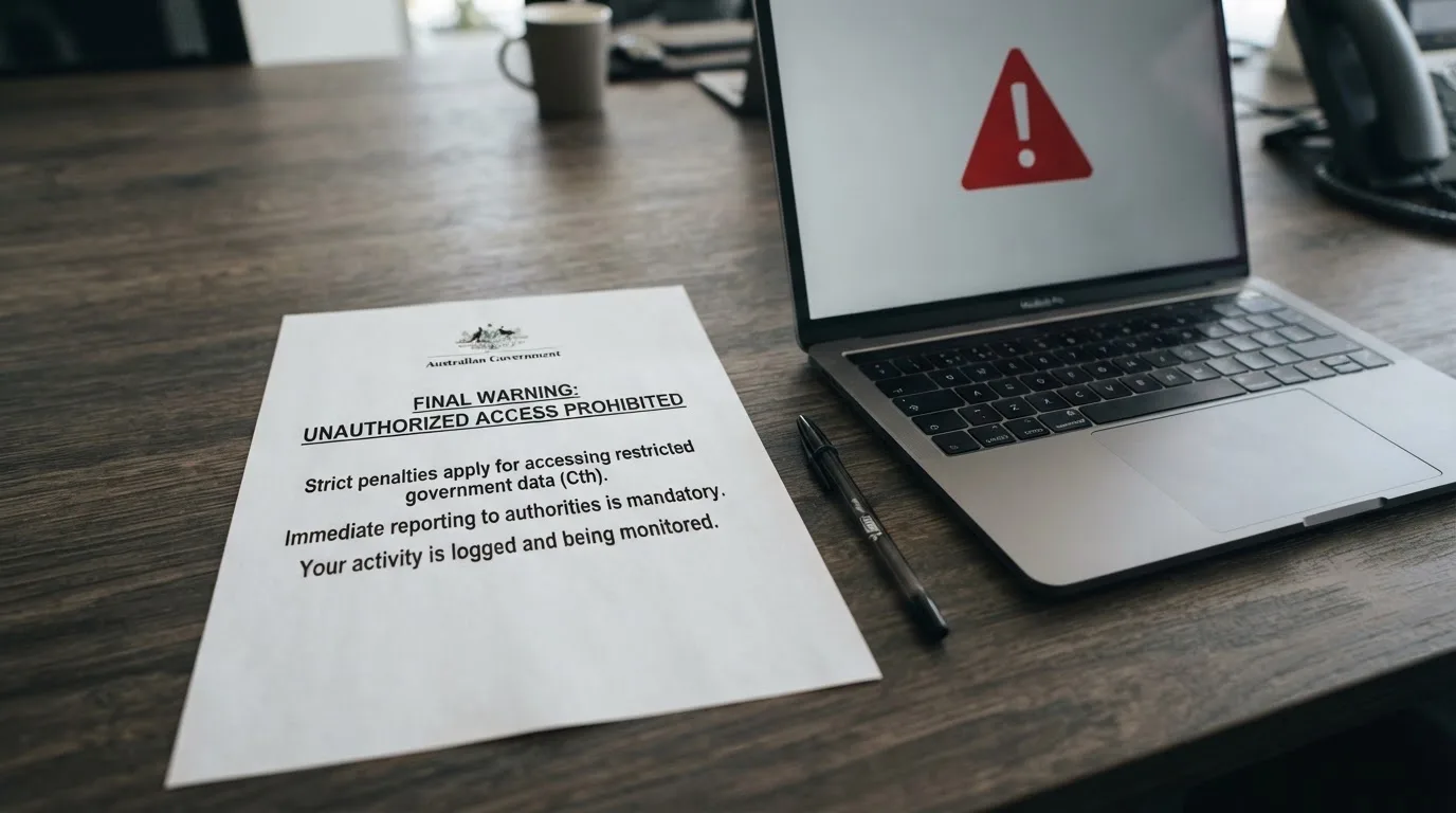 A printed government warning notice on a desk beside a laptop with a red alert icon on the screen.