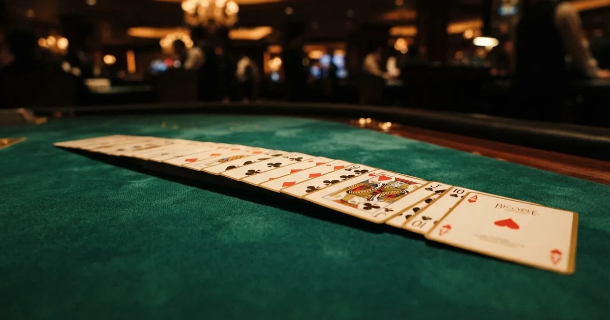 A close-up of a shuffled deck of playing cards fanned out on a green felt table.