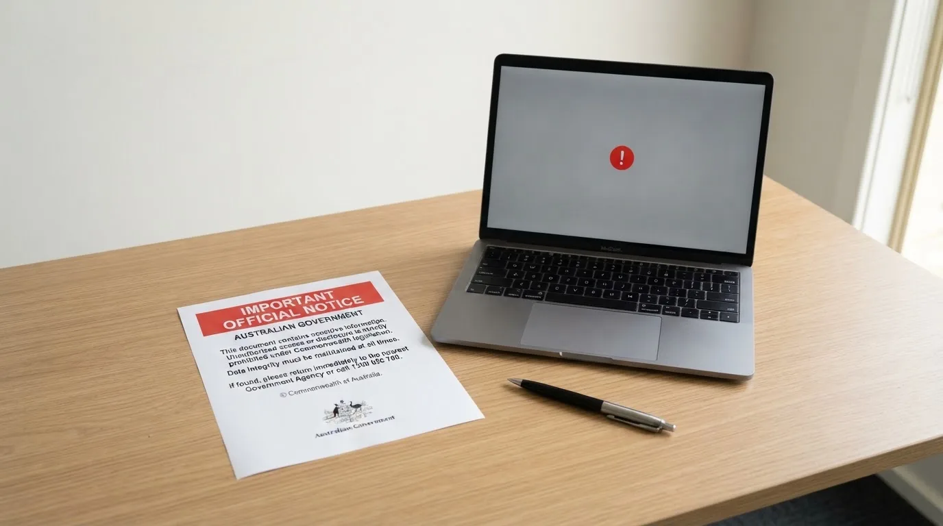 A printed government warning notice on a desk beside a laptop with a red alert icon on the screen.