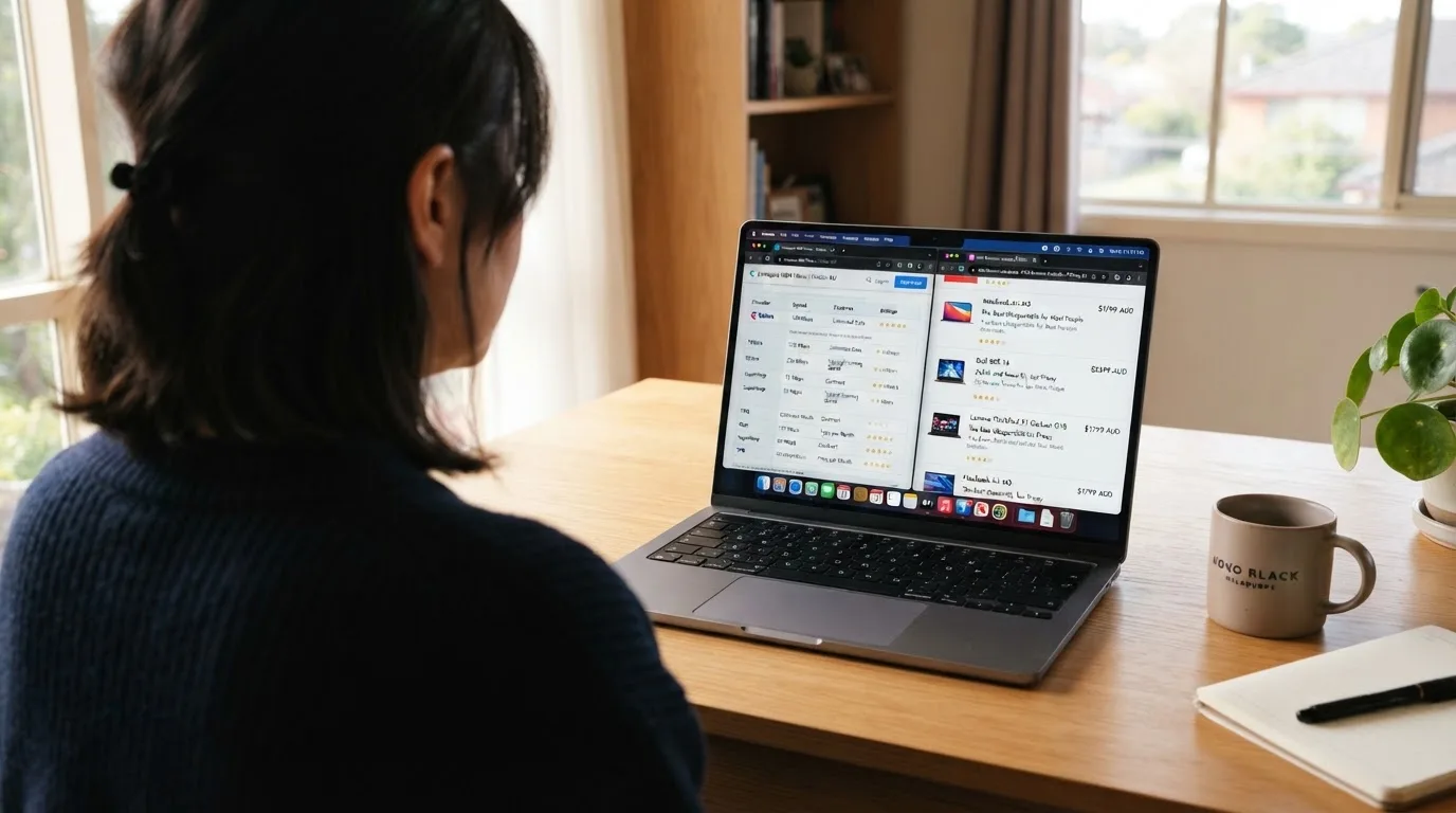 A laptop screen split between two browser tabs, one showing a comparison table and the other a search results page.