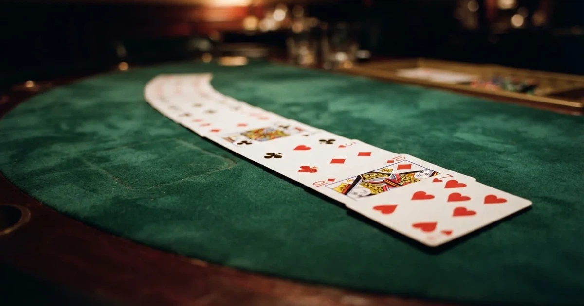 A close-up of a shuffled deck of playing cards fanned out on a green felt table.