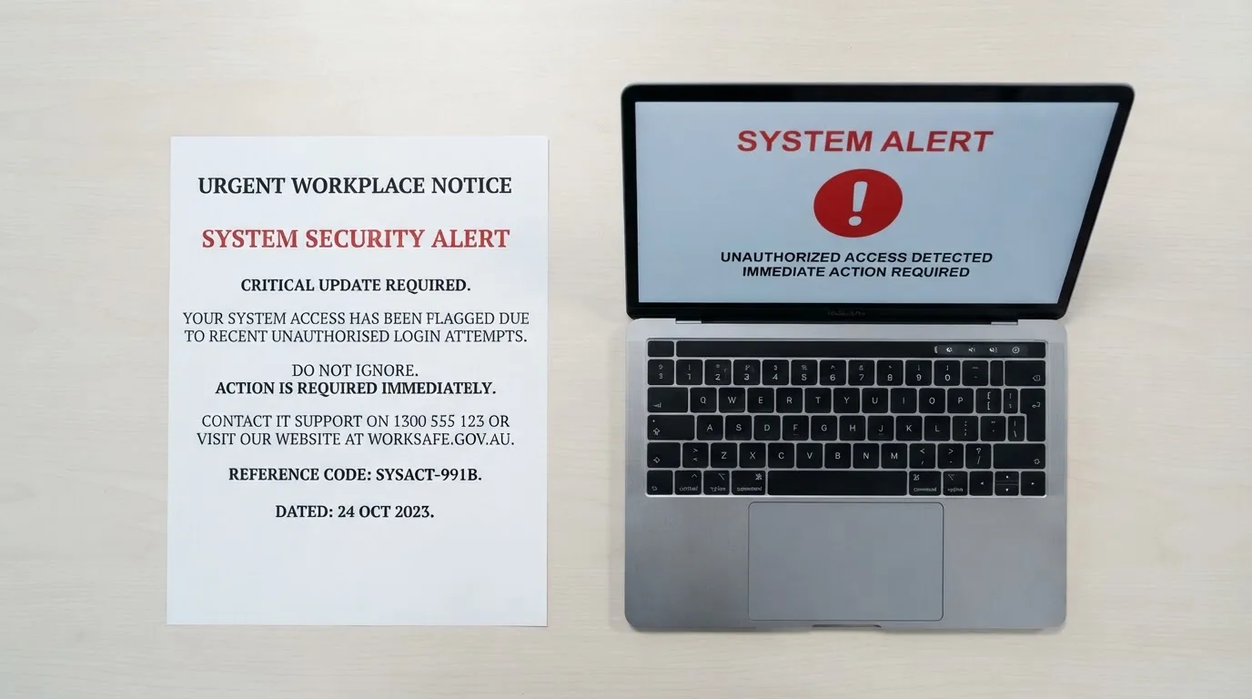 A printed government warning notice on a desk beside a laptop with a red alert icon on the screen.