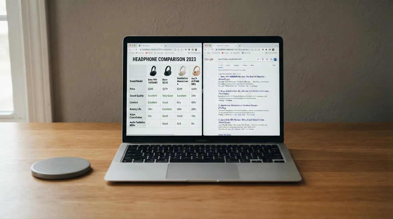 A laptop screen split between two browser tabs, one showing a comparison table and the other a search results page.