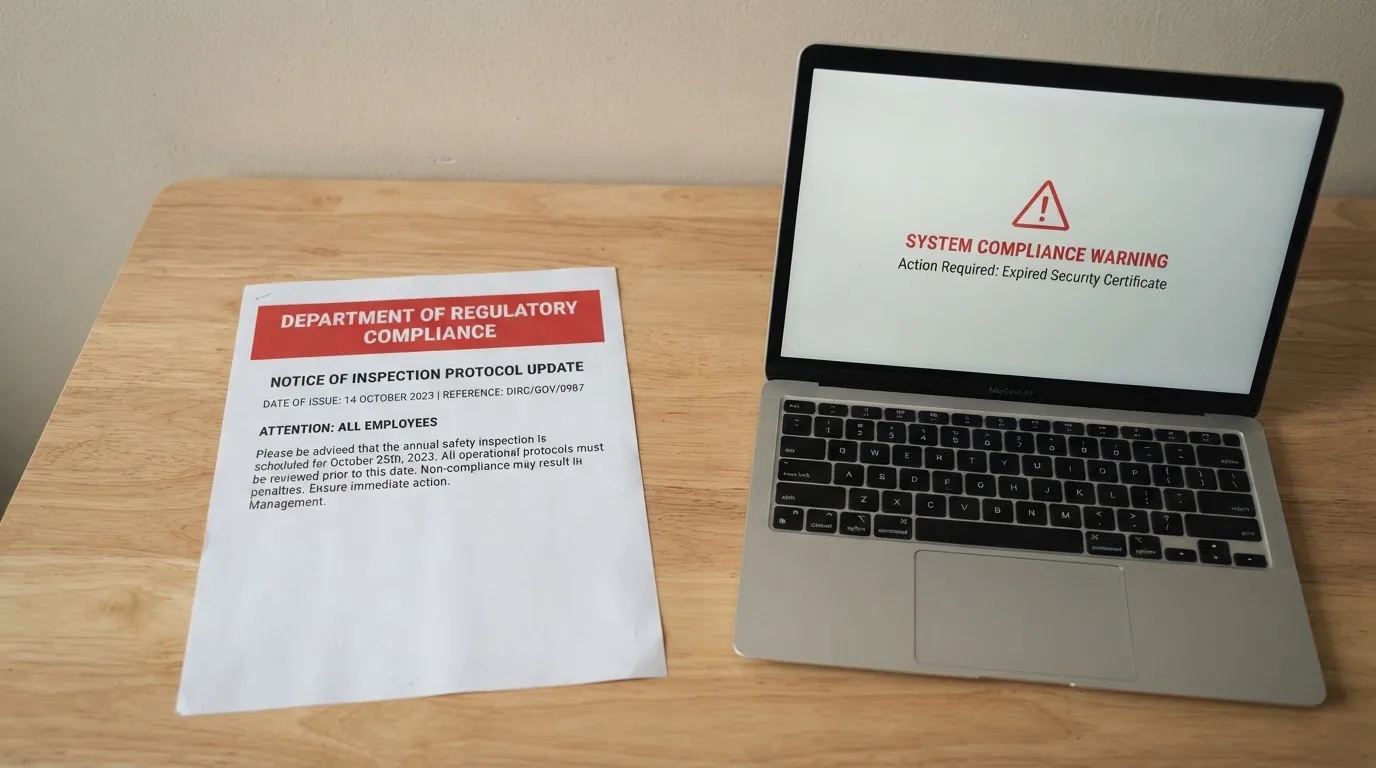 A printed government warning notice on a desk beside a laptop with a red alert icon on the screen.