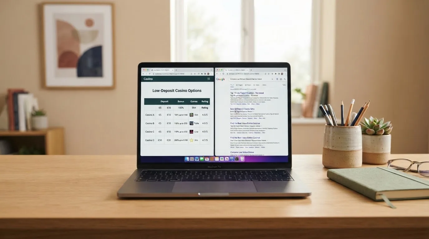A laptop screen split between two browser tabs, one showing a comparison table and the other a search results page.