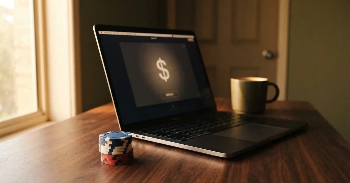 A small stack of coins next to a laptop showing an online payment form.