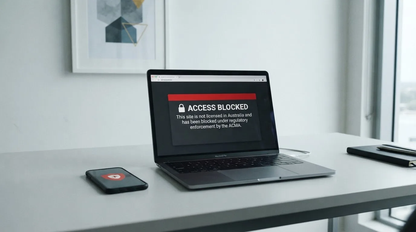A printed government warning notice on a desk beside a laptop with a red alert icon on the screen.