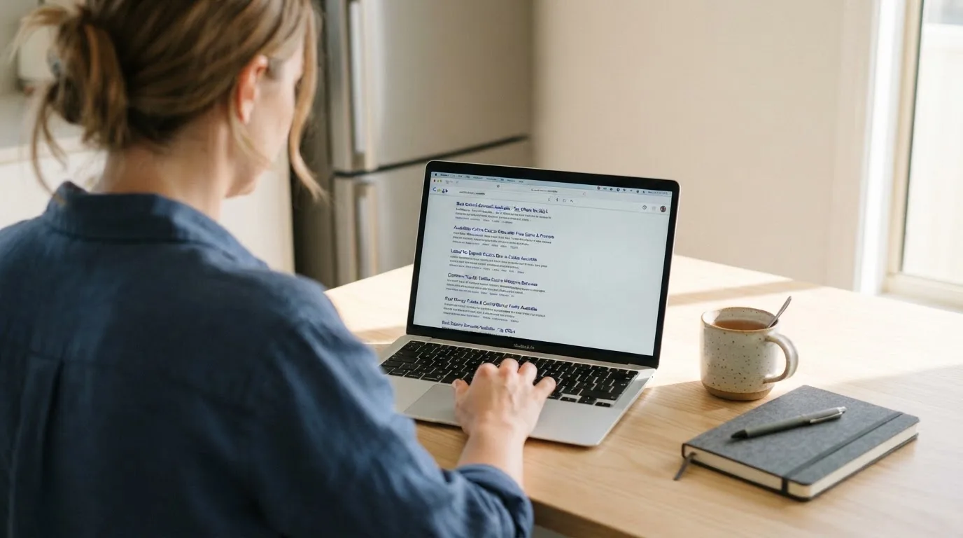 A person sits at a kitchen table, scrolling a laptop showing a general search results page about casino bonus offers.