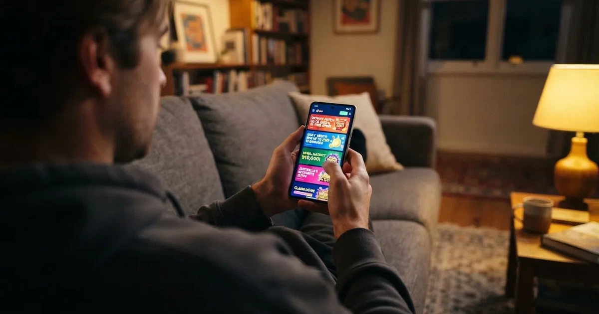A phone screen shows a list of promotional bonus tiles as someone scrolls with one thumb on a couch in the evening.