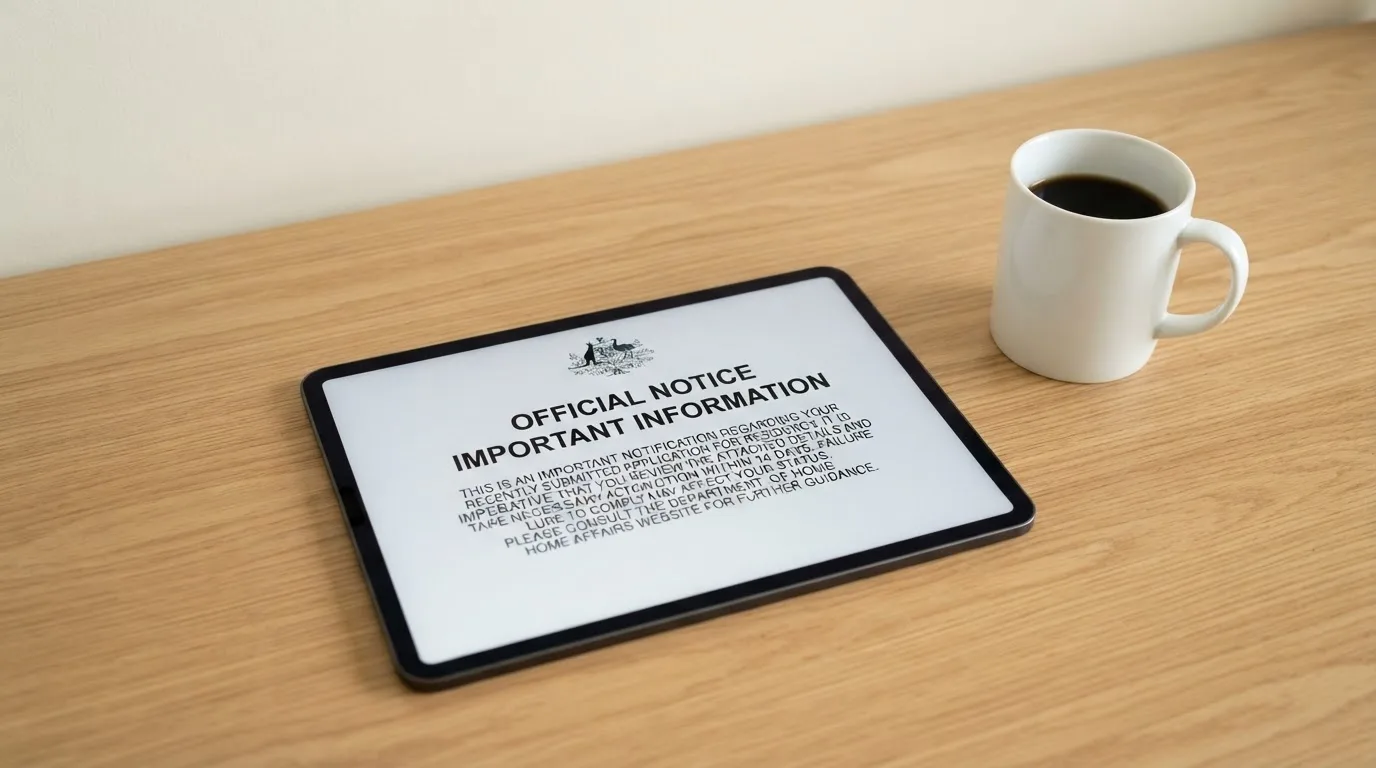 A tablet on a desk displays a plain government-style warning notice page, with a coffee cup beside it.