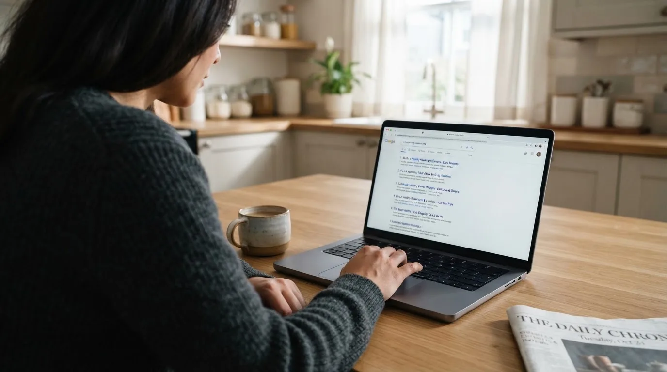 A person sits at a kitchen table, scrolling a laptop showing a general search results page about new casino sites.
