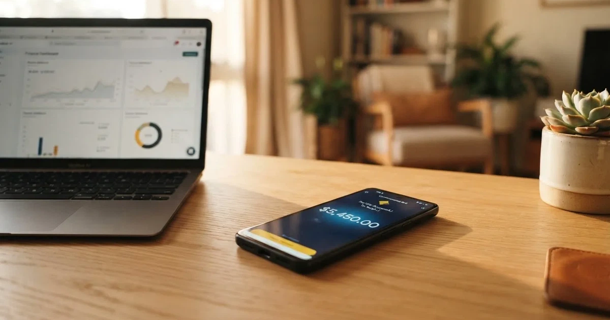 Close-up of a smartphone banking app open beside a laptop on a home desk, mid-transfer.