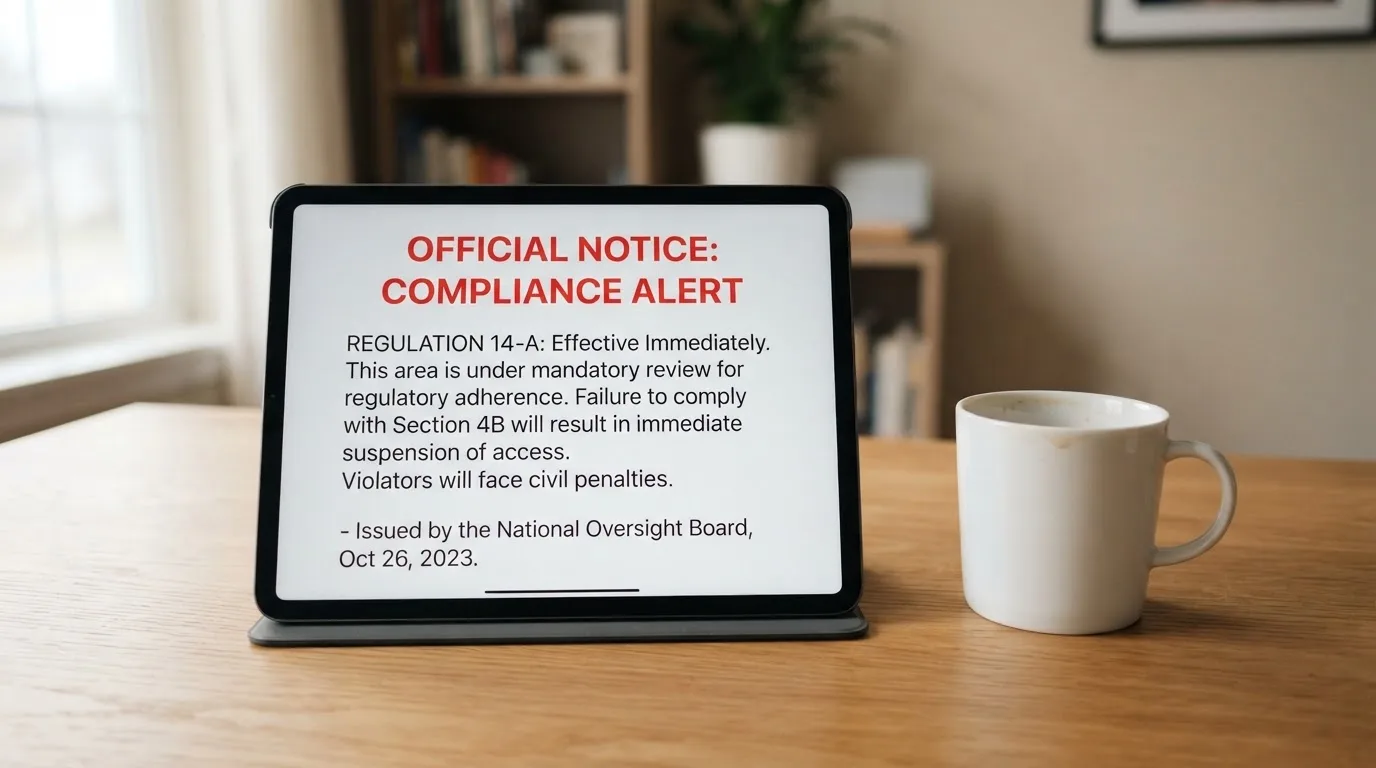 A tablet on a desk displays a plain government-style warning notice page, with a coffee cup beside it.