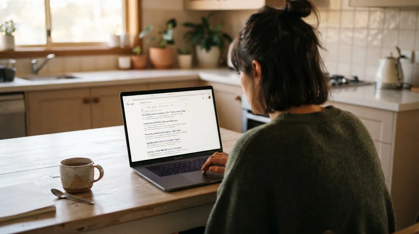 A person sits at a kitchen table, scrolling a laptop showing a general search results page about new casino sites.