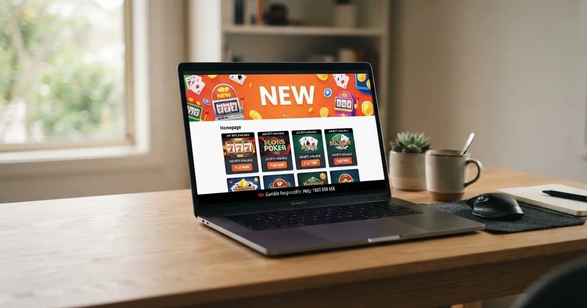 A laptop screen shows a freshly loading website homepage with a 'new' banner, on a plain desk.