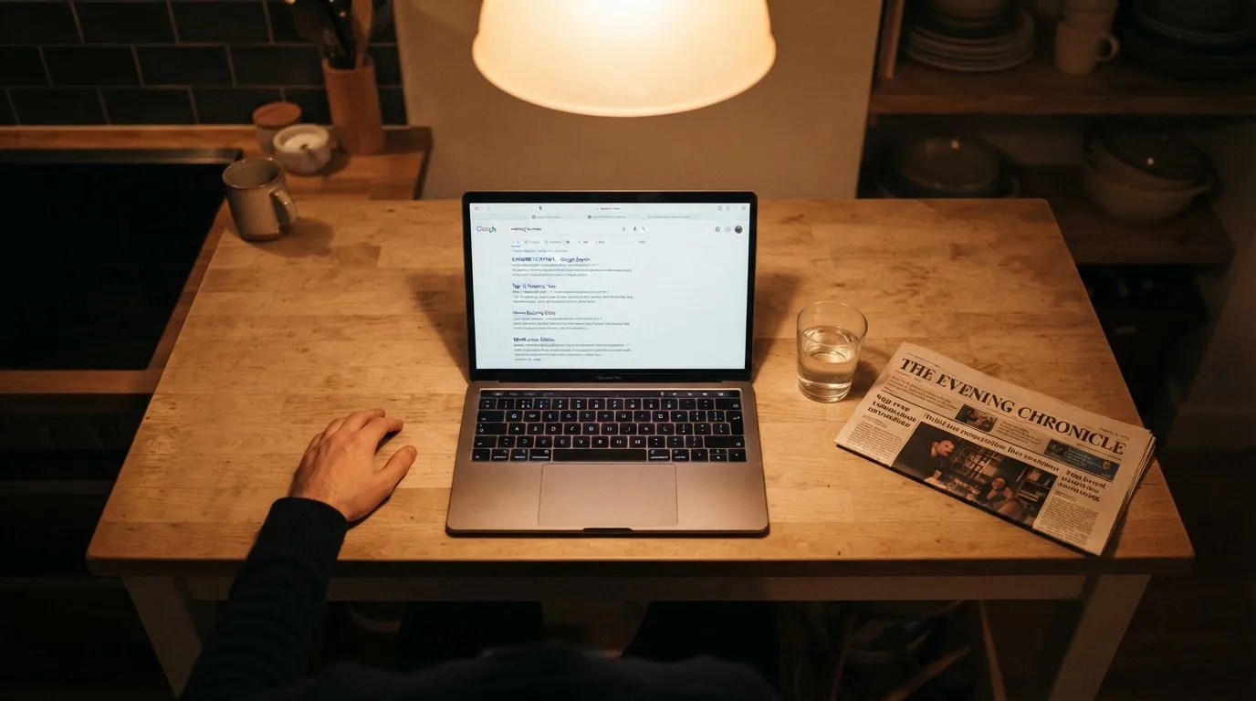 A person sits at a kitchen table in the evening, scrolling a laptop showing a general search results page about bonus offers.