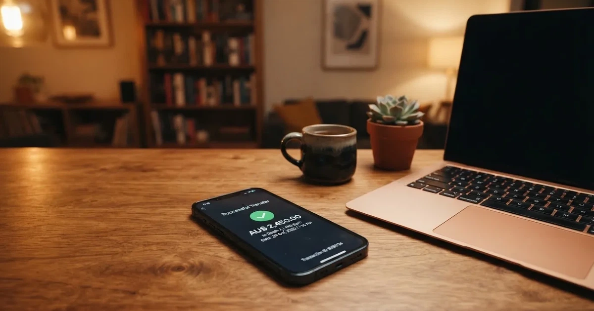 Close-up of a smartphone banking app open beside a laptop on a home desk, mid-transfer.